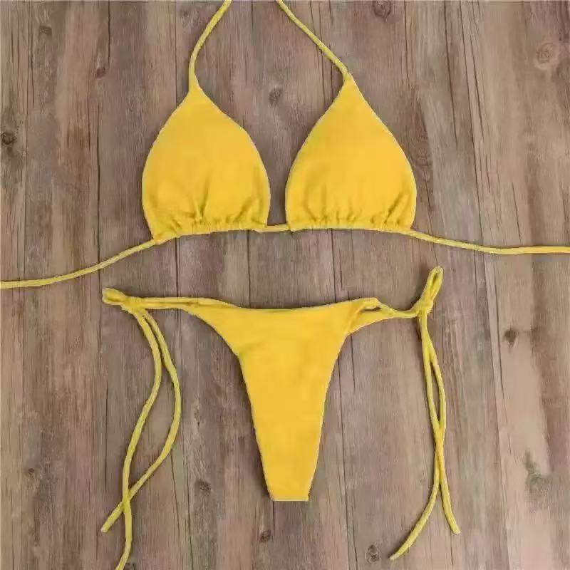 厂家欧美泳衣带胸垫绑带高腰比基尼纯色三点式性感泳装现货跨境